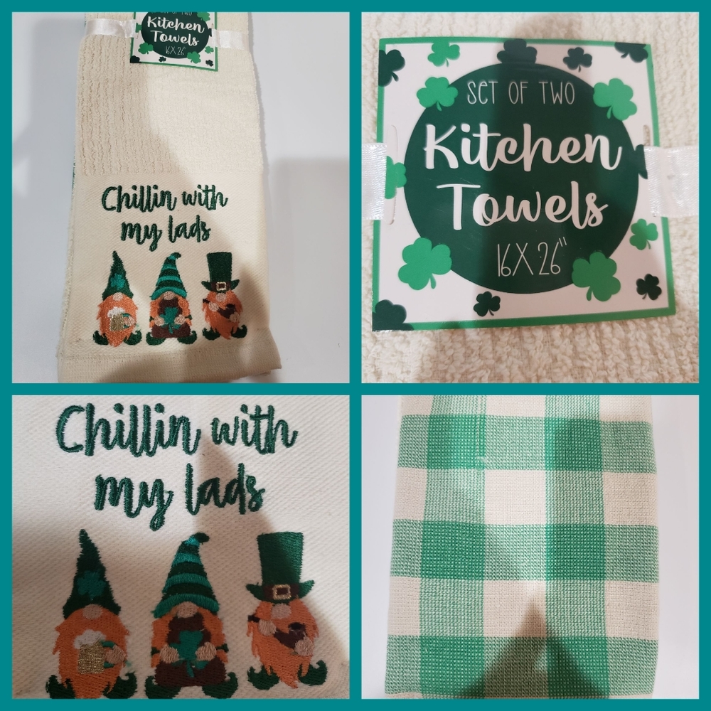 2pc St Patrick's Day Green Knomes & Plaid Kitchen Towels NWT